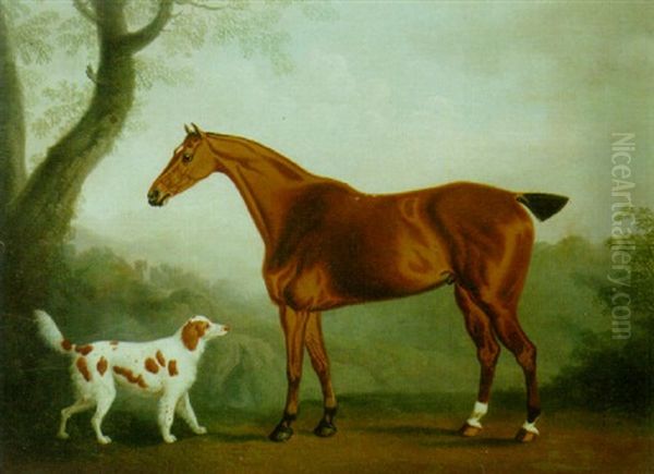 A Bay Hunter With A Spaniel In A Landscape Oil Painting by Daniel Clowes