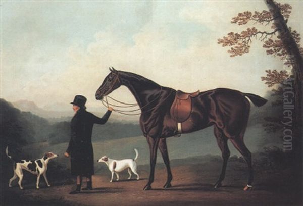 A Bay Hunter Held By A Groom Oil Painting by Daniel Clowes