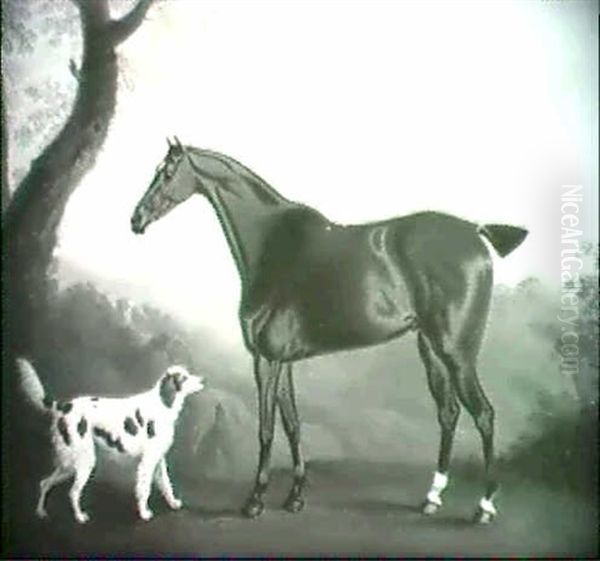 A Bay Hunter And A Spaniel In A Wooded Landscape, A Church  Tower Beyond Oil Painting by Daniel Clowes