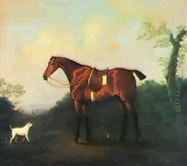 A Saddled Bay Hunter And A Dog, In An Extensive Wooded      Landscape, A Church Tower Beyond Oil Painting by Daniel Clowes