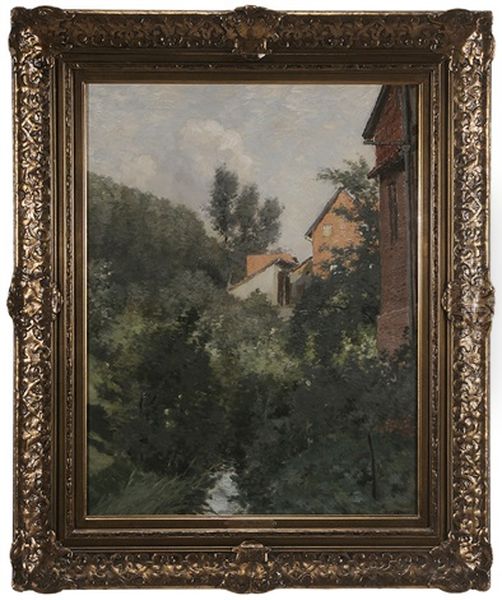 Brook Running By Houses Oil Painting by William Clusmann