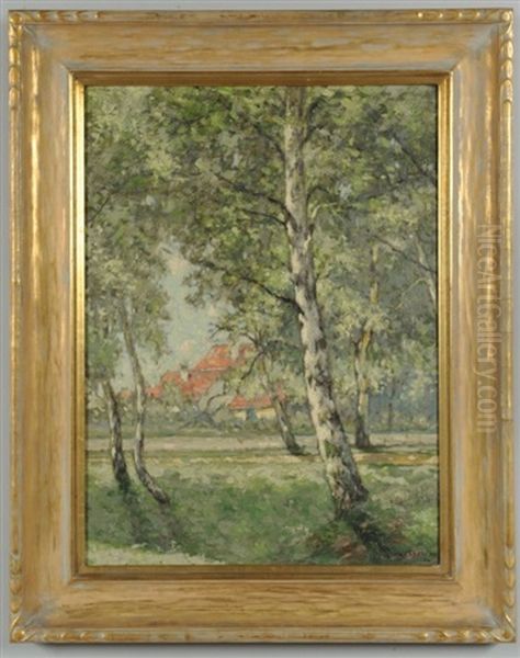 Red Roofed Home In The Background With A Country Road And Trees In The Foreground Oil Painting by William Clusmann