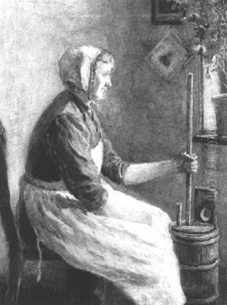 Interior Scene With Woman Churning Butter Oil Painting by William Clusmann