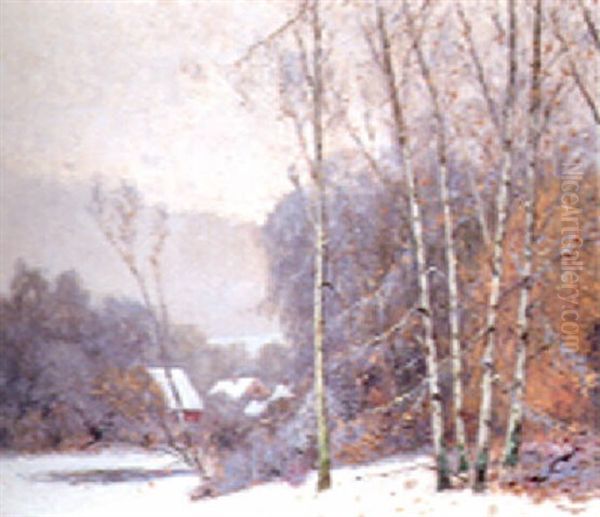 Winter Landscape With Birch Trees And Distant Houses Oil Painting by William Clusmann