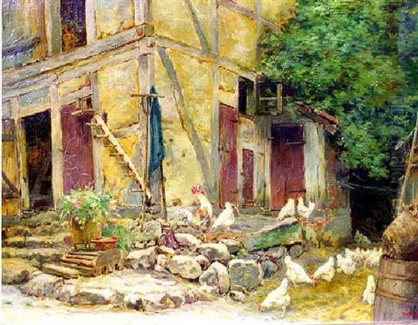 Barnyard Scene: Rooster And Gathering Of Hens Oil Painting by William Clusmann