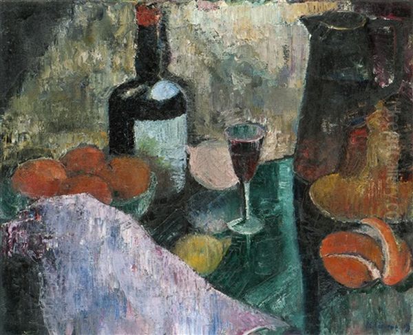 Still Life With Bottle, Glass, Pitcher And Fruit Oil Painting by Bernt Julius Muus Cluever