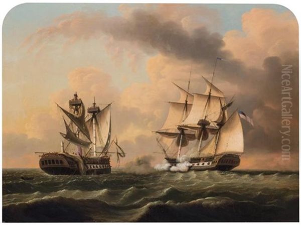 The Naval Engagement Between The United States And The Macedonia Oil Painting by Edmund C. Coates