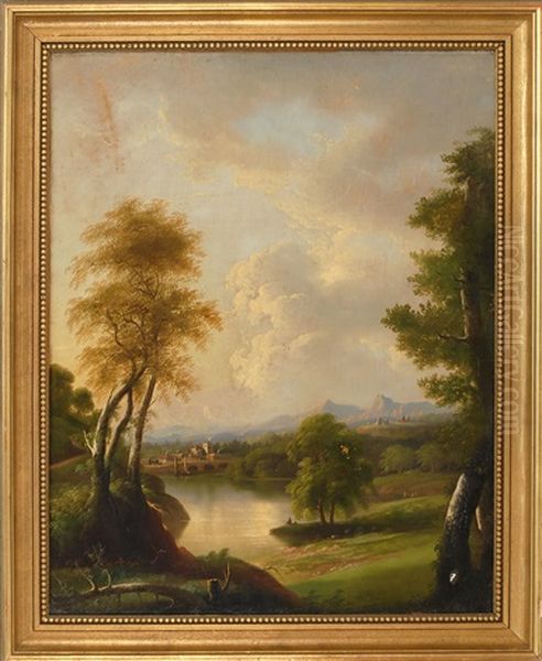 River Landscape With Bridge And Mountains In The Background Oil Painting by Edmund C. Coates