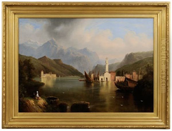 Italian Lake With Figures On Boats Oil Painting by Edmund C. Coates