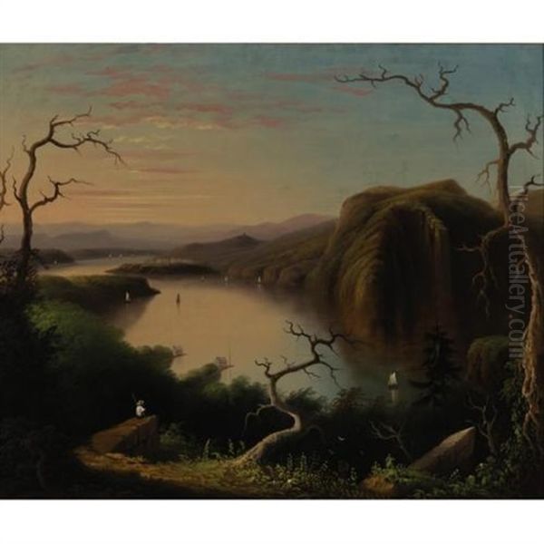 Crow's Nest From Bull Point Boy Fishing At Sunset Along The Hudson River Oil Painting by Edmund C. Coates