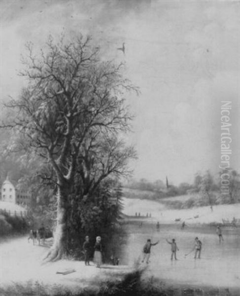 Winter Scene With Skaters On A Pond Oil Painting by Edmund C. Coates