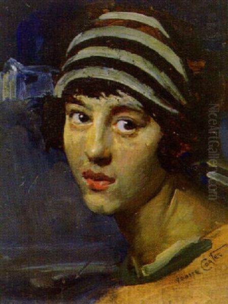 Girl In Striped Scarf Oil Painting by George James Coates