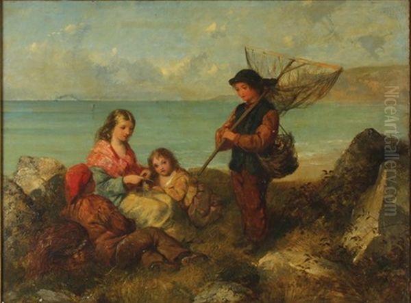 A Young Family Fishing By The Shore Oil Painting by Edward John Cobbett