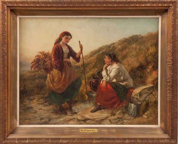 Young Girls On A Path Oil Painting by Edward John Cobbett