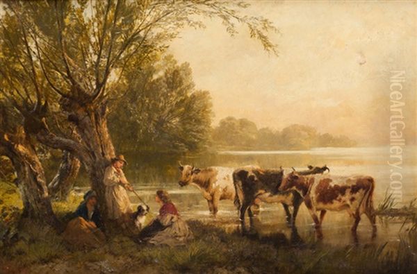 Cattle At A River Oil Painting by Edward John Cobbett