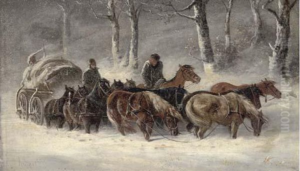 A Horse And Cart Team Struggling In The Snow Oil Painting by Andreev