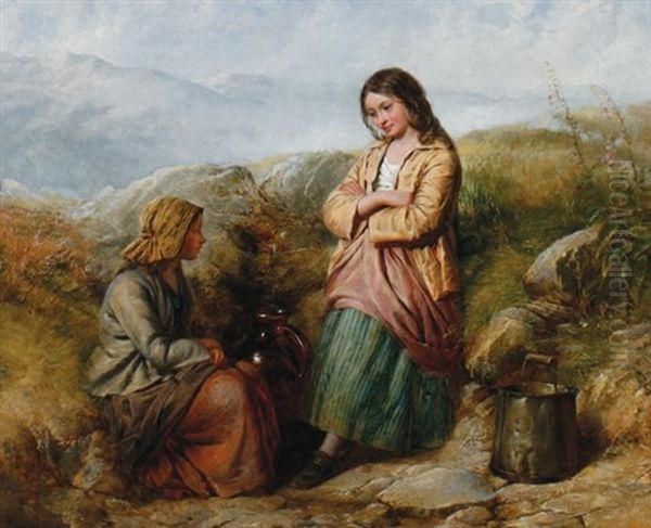 Country Girls Collecting Water Oil Painting by Edward John Cobbett