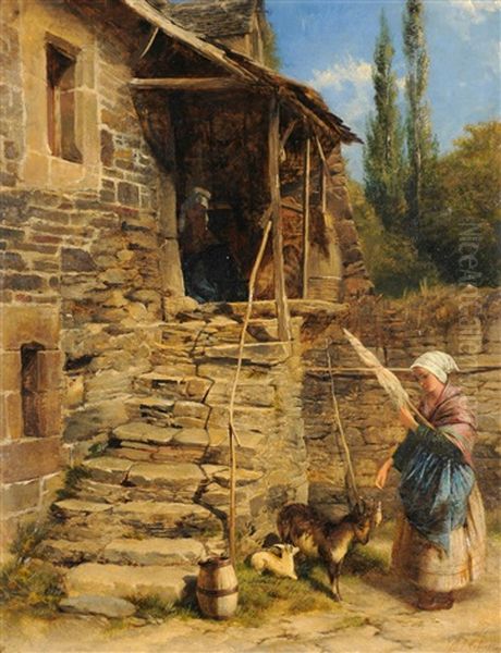 Girl Standing In A Sunlit Courtyard With A Goat And Kid At Her Feet Oil Painting by Edward John Cobbett