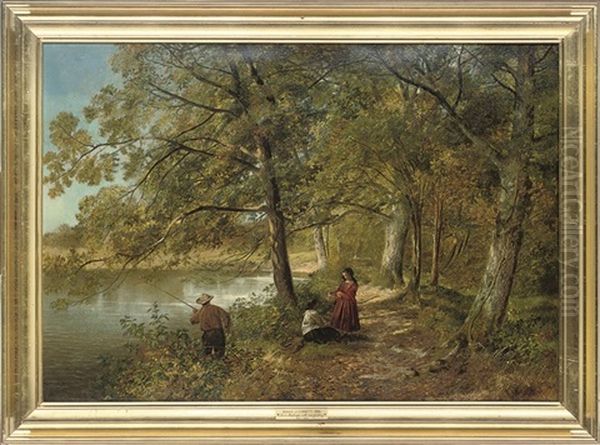 Figures Fishing On A River Bank Oil Painting by Edward John Cobbett