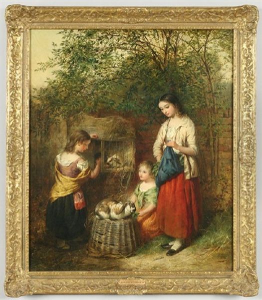 Mother And Daughters Feeding The Rabbits Oil Painting by Edward John Cobbett