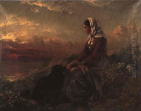 Pensive Girl With Dog Watching Sunset Oil Painting by Edward John Cobbett