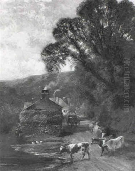 Cattle Watering By A Village Oil Painting by Edward John Cobbett