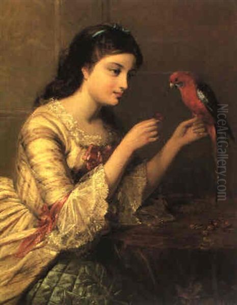 A Lady With A Parrot Oil Painting by Edward John Cobbett