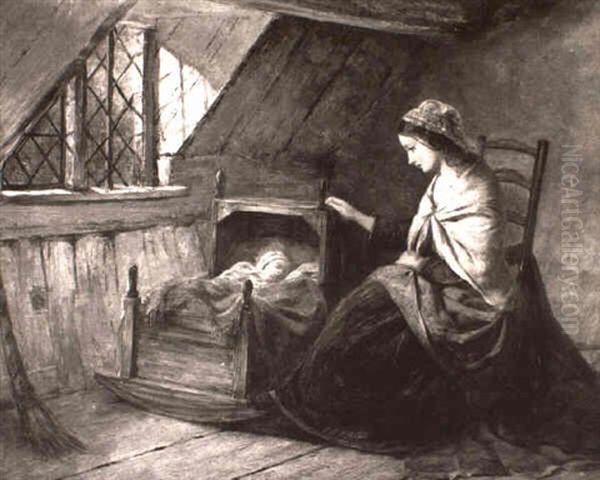 A Mother And Her Child In An Interior Oil Painting by Edward John Cobbett