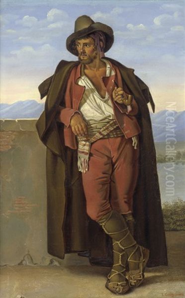 Junger Mann In Tiroler Tracht, An Einer Mauer Gelehnt Und Pfeife Rauchend Oil Painting by Louis Coblitz