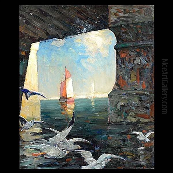 Under The Bridge; Sail Boat And Seagulls Oil Painting by Frank Coburn