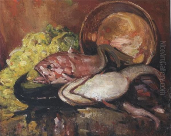 A Still Life With Fish And Lettuce Oil Painting by Frank Coburn