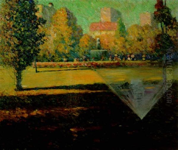 Los Angeles Park Scene (sprinkler Action On Lawn) Oil Painting by Frank Coburn