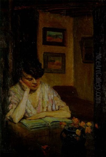 A Woman Reading Oil Painting by Frank Coburn