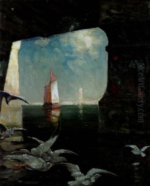 A View Of A Sailboat From Beneath A Bridge (no.111) Oil Painting by Frank Coburn