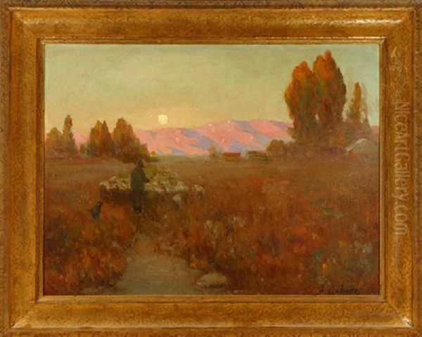 Shepherd And Flock In Sunset Landscape Oil Painting by Frank Coburn