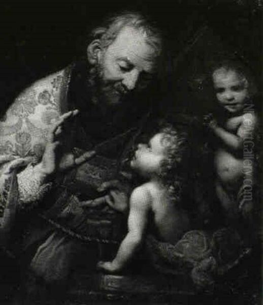 Bishop Saint Being Given A Mitre By Two Children, Perhaps   Saint Nicholas Of Myra Oil Painting by Sigismondo Coccapani