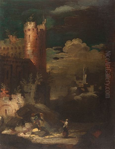 Architectural Capriccio With A Tower And Figures Oil Painting by Leonardo Coccorante