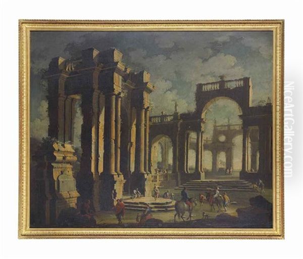 An Architectural Capriccio Of Figures Among Classical Ruins Oil Painting by Leonardo Coccorante