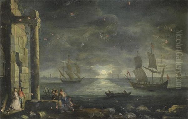 A Mediterranean Harbour At Sunset With Elegant Figures Before Ruins Oil Painting by Leonardo Coccorante