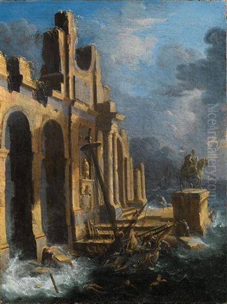 A Ship Wreck Near A Coast With Ruins In Rough Seas Oil Painting by Leonardo Coccorante