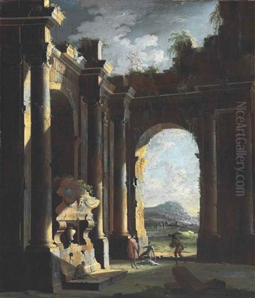 An Architectural Capriccio With Figures Oil Painting by Leonardo Coccorante