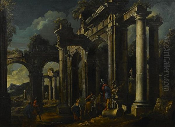 A Capriccio View With Ruins And Figures In The Foreground Oil Painting by Leonardo Coccorante