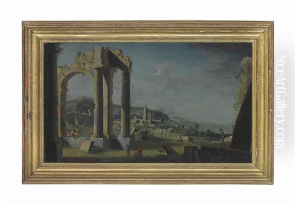 A Coastal Landscape With Figures Amongst Classical Ruins Oil Painting by Leonardo Coccorante