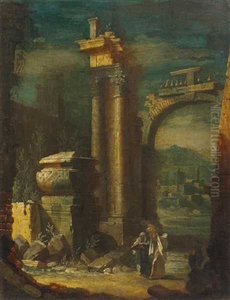 Pair Of Works: Arcadian Landscape With Ruins Oil Painting by Leonardo Coccorante