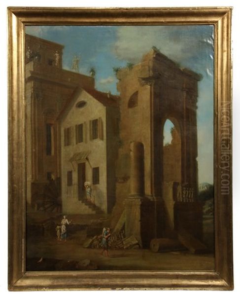 Italian Capriccio Of A Mill Constructed Among Classical Ruins Oil Painting by Leonardo Coccorante