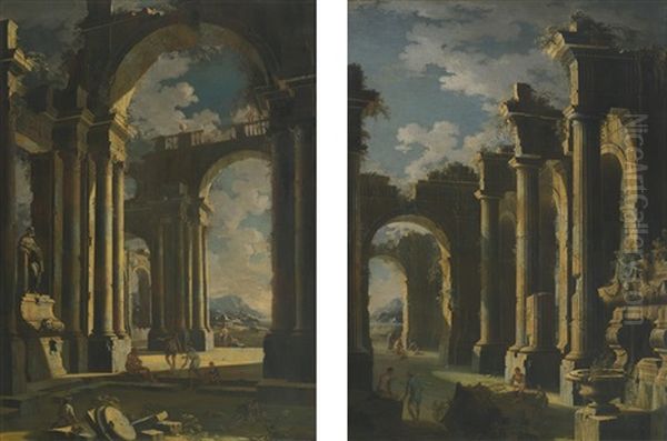 Architectural Capriccios (pair) Oil Painting by Leonardo Coccorante