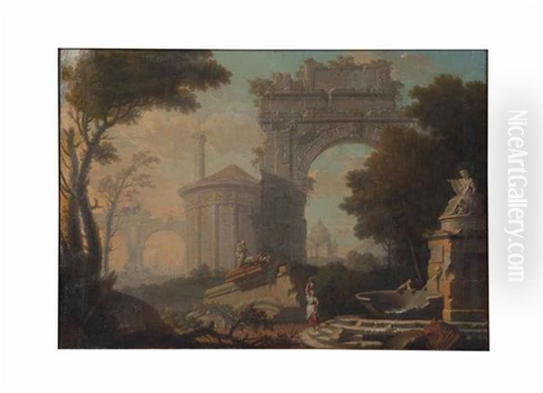 Figures Among Architectural Ruins Oil Painting by Leonardo Coccorante