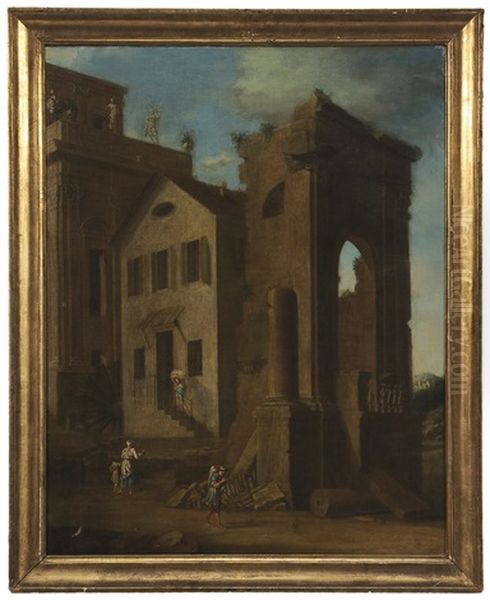 Townscape With Villagers Oil Painting by Leonardo Coccorante