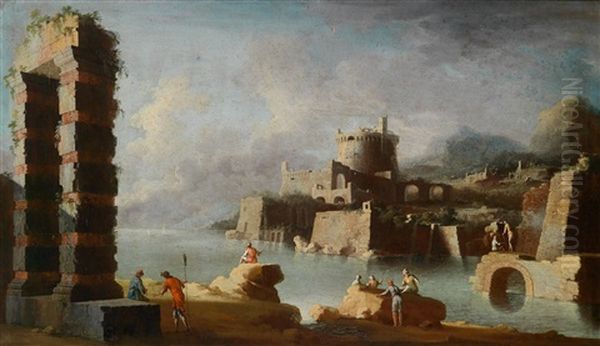 Capriccio Mit Fischern An Einer Mediterranen Kuste Oil Painting by Leonardo Coccorante