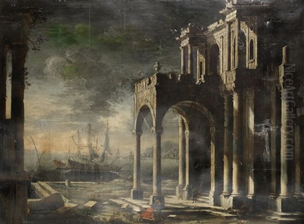 A Capriccio Of A Ruined Classical Palace With Ships In A Mediterranean Harbour Beyond Oil Painting by Leonardo Coccorante